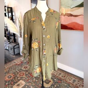 Fig and Flower Olive Green Floral Embroidered Top